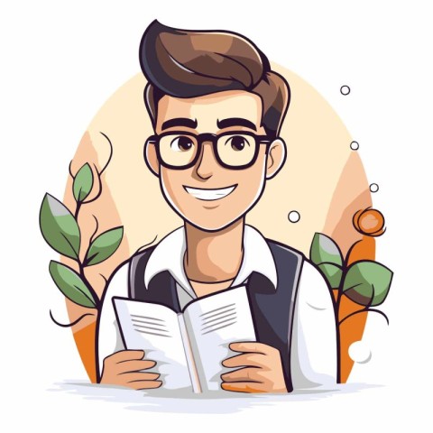 Young man with glasses reading a book in cartoon style.