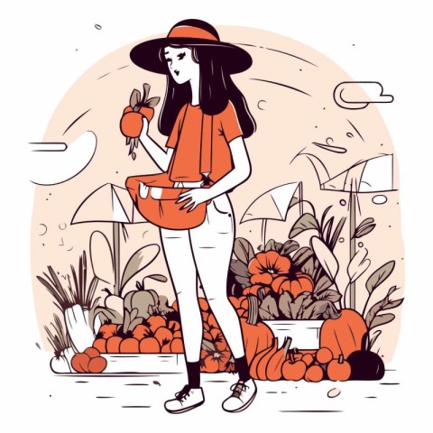 Vector illustration of a girl walking in the park with a bag ful