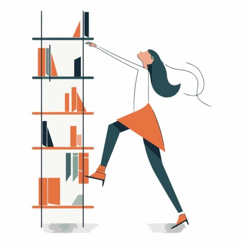 Woman walking on bookshelf. Flat vector illustration isolated on