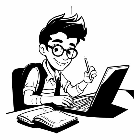 young man studying at the computer. black and white vector illus