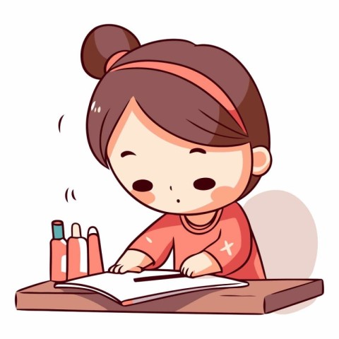 Cute little girl doing her homework in cartoon style.