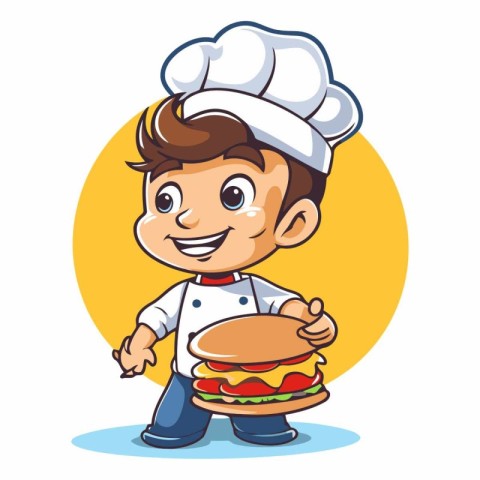 Chef boy with hamburger of a cartoon character.