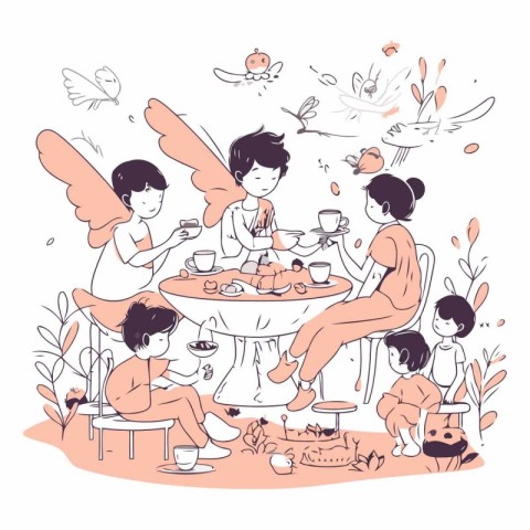 Sketch of a family drinking coffee in a cafe