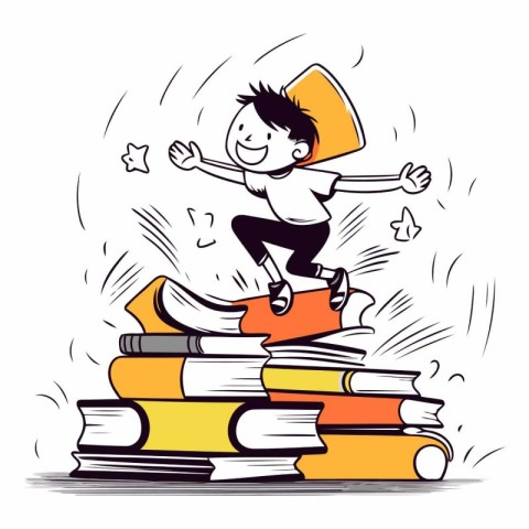 Schoolboy jumping from a pile of books. Vector cartoon illustrat