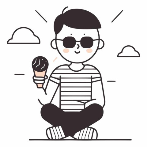 Young man eating ice cream in thin line style.