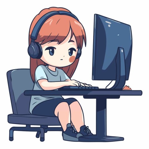 Cute little girl playing computer games in cartoon style.