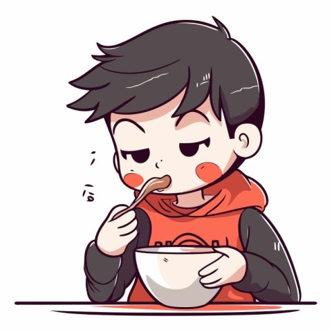 Illustration of a boy eating a bowl of soup on a white backgroun