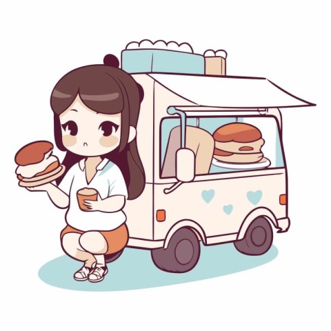 Illustration of a girl eating a hamburger and a fast food truck