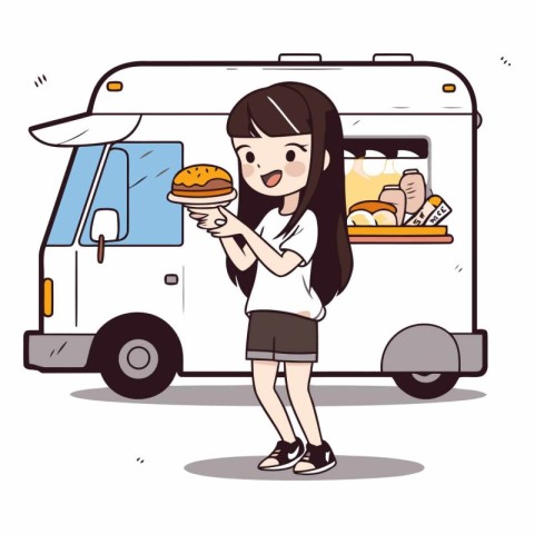 Woman eating a hamburger on camper van.