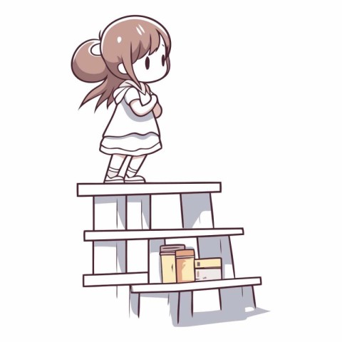 girl standing on the stairs and looking at the bookshelf.