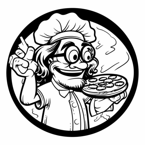 Black and White Cartoon Illustration of a Chef Holding a Pizza a