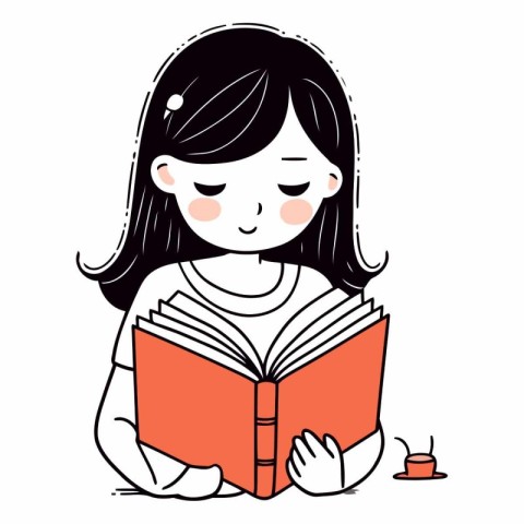 Cute little girl reading a book in cartoon style.