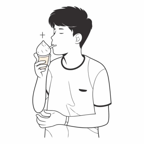 Young man eating ice cream. Outline drawing.