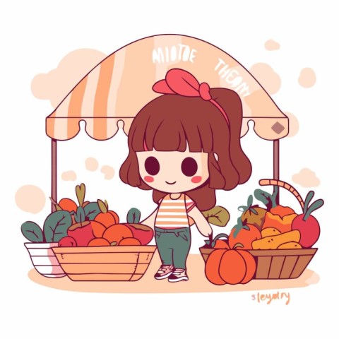 Cute little girl with basket full of fruits and vegetables.