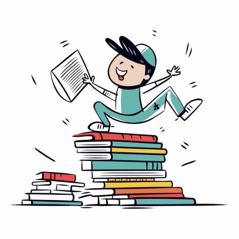 Cartoon illustration of a boy reading a book on a pile of books