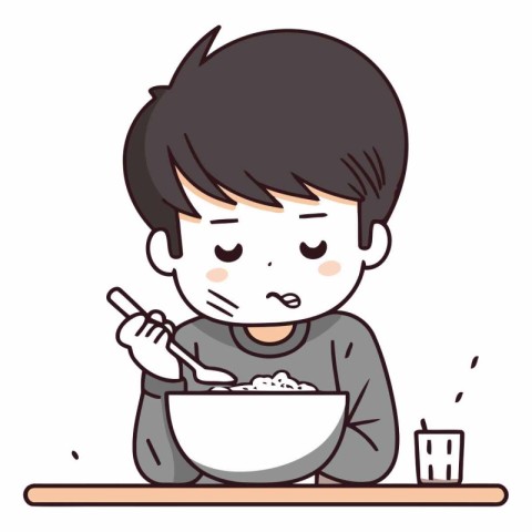 cute boy eating rice with chopsticks in the kitchen