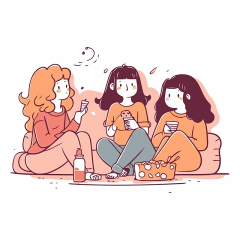 Girls sitting on the sofa and eating ice cream.