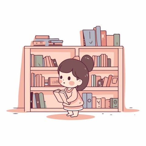 Cute little girl reading a book in the library.