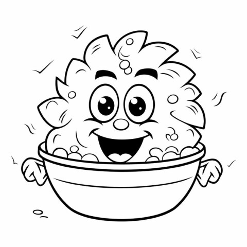 Black and White Cartoon Illustration of Cute Smiling Pot of Rice