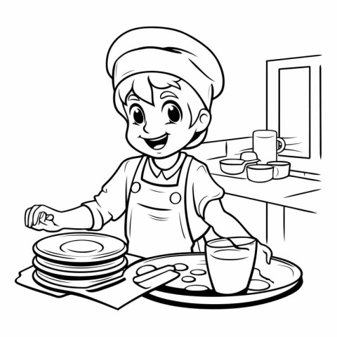 Cartoon chef with pancakes in the kitchen. Black and white vecto