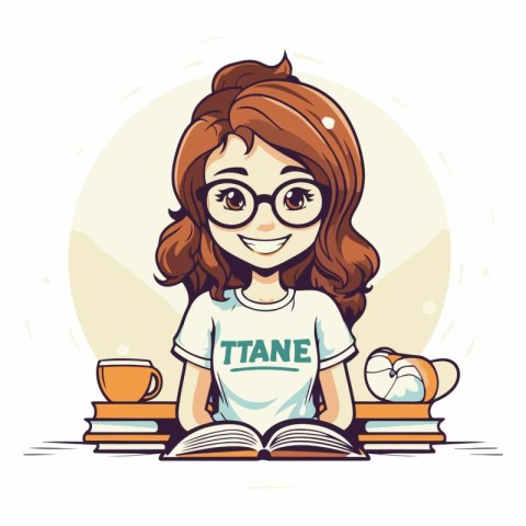 Vector illustration of a girl with glasses reading a book and dr