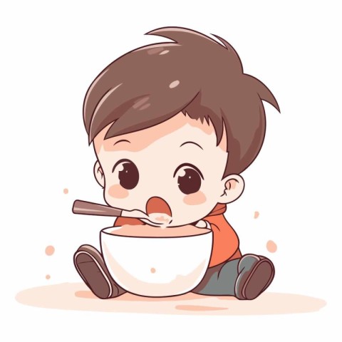 Cute little boy eating soup on white background.