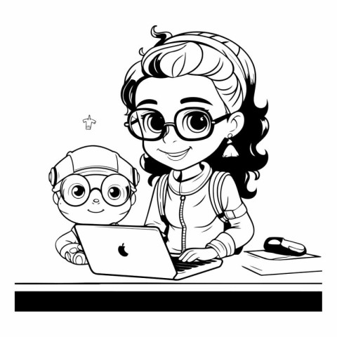 Cute little girl with glasses using a laptop computer.