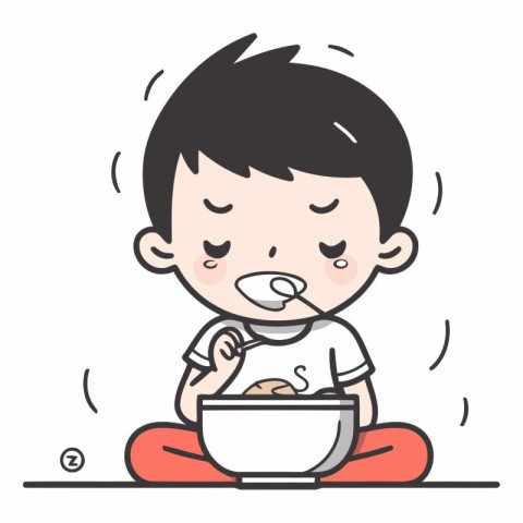 Illustration of a cute little boy eating a bowl of cereals