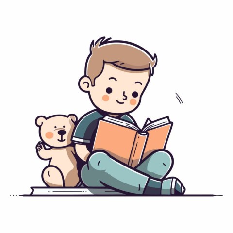 Cute little boy reading a book with teddy bear.