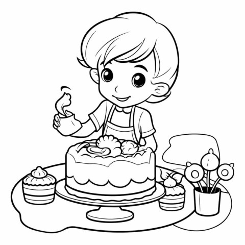 Coloring Page Outline Of a Cute Little Boy with Cake