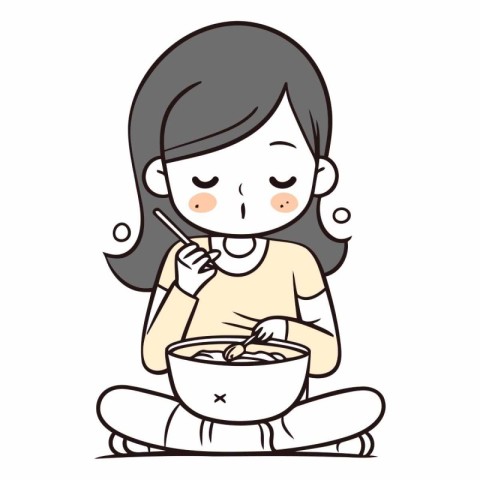 Illustration of a Kid Girl Eating a Bowl of Noodles