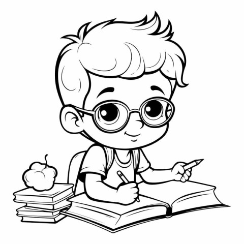 Cute boy with glasses reading a book - black and white vector il