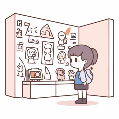 Illustration of a boy in front of an art gallery with drawings