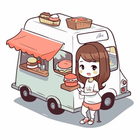 Illustration of a Girl Carrying a Burger and a Fast Food Truck