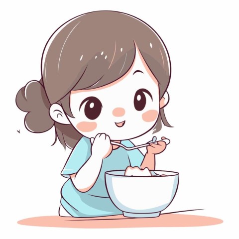 Illustration of a Cute Little Girl Eating a Bowl of Yogurt