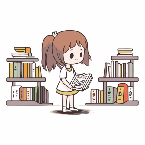 Little girl reading a book in a library on white background.