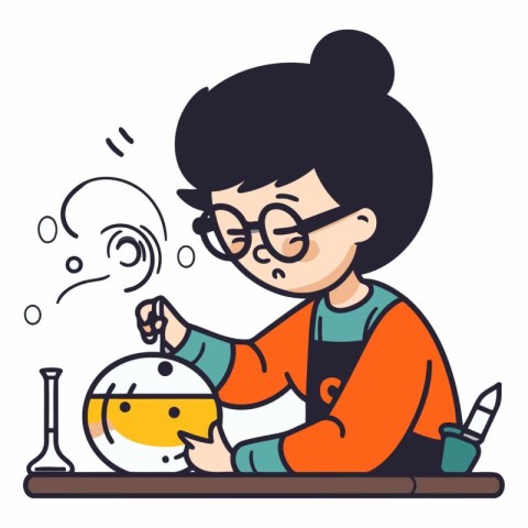 Cute little girl doing science experiments in cartoon style.