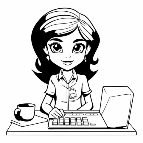 young business woman working with computer cartoon in black and