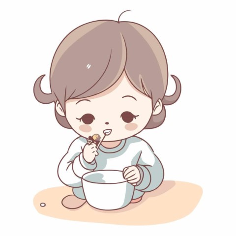 Illustration of a Cute Little Girl Eating a Bowl of Soup