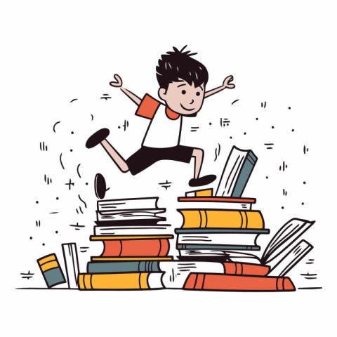 Boy jumping from pile of books in cartoon style.