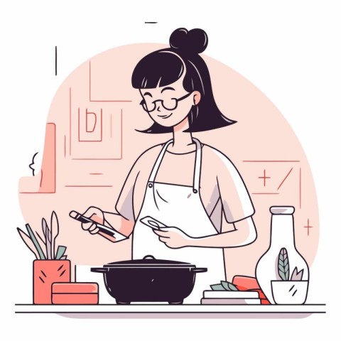 Young woman cooking in the kitchen in cartoon style.