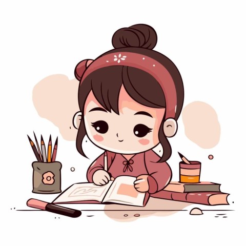 Illustration of a cute little girl doing her homework. Vector.