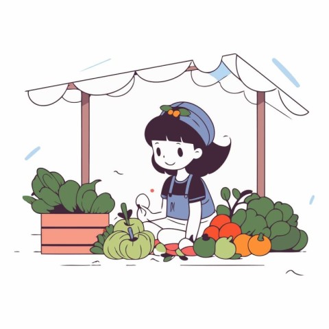 Girl selling vegetables at the market in cartoon style.