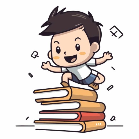 Boy sitting on a pile of books. Vector cartoon character illustr