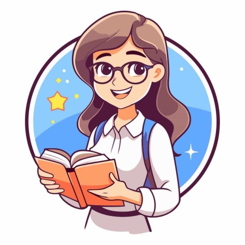 Vector illustration of a girl in glasses reading a book. Cartoon