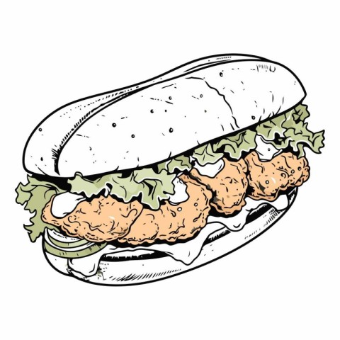 Sandwich with fried chicken and lettuce of fast food.