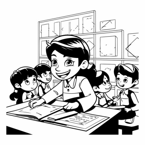 Black and White Cartoon Illustration of Kids Studying in Classro