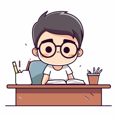 Boy studying at desk in a flat cartoon style.