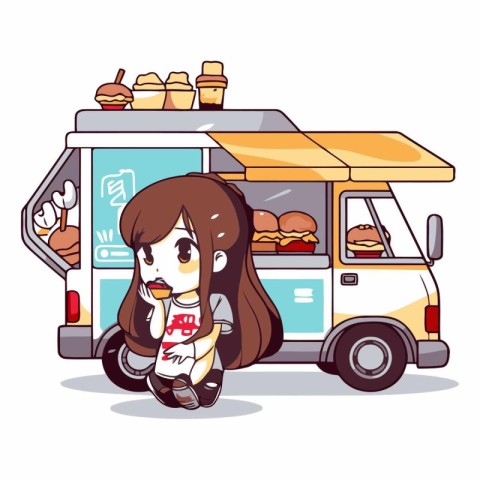 Illustration of a Fast Food Truck with a Girl and a Burger