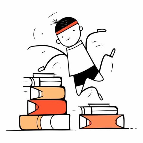 Boy jumping from pile of books in doodle style.